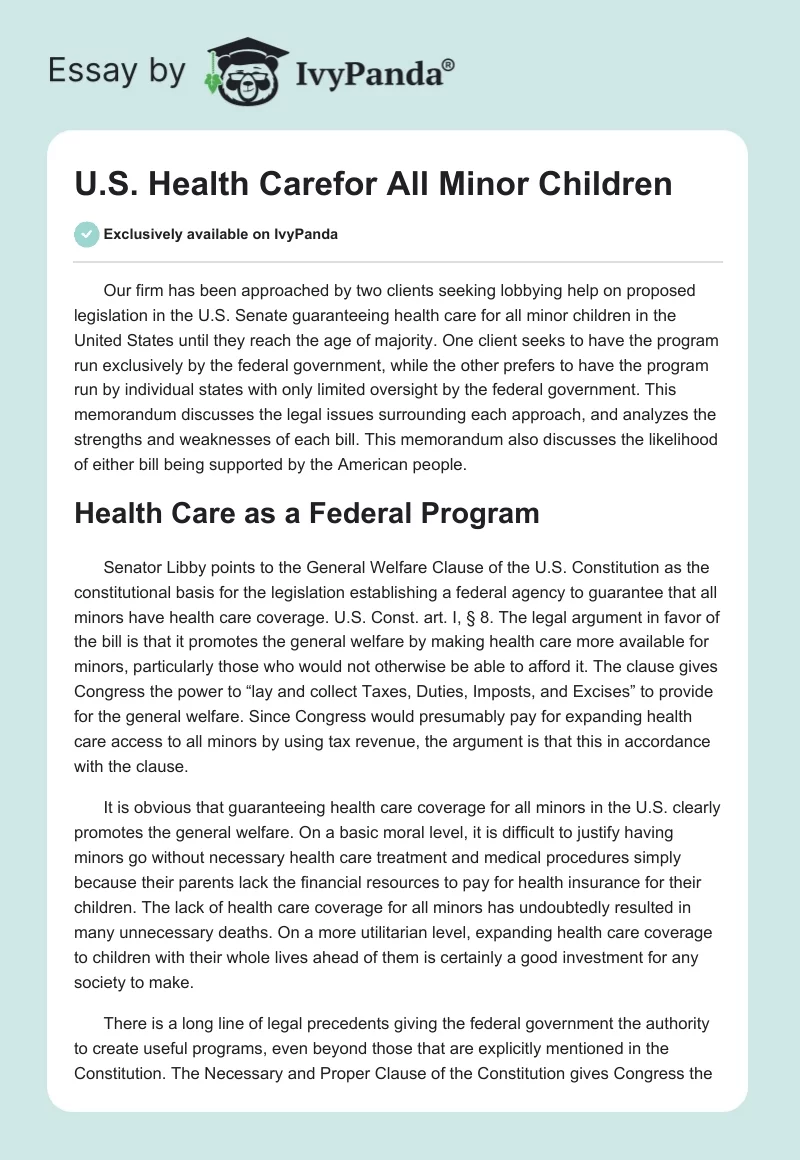 U.S. Health Carefor All Minor Children. Page 1