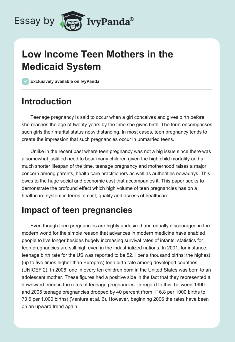 Low Income Teen Mothers in the Medicaid System. Page 1