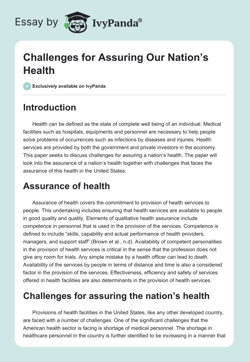 Challenges for Assuring Our Nation’s Health. Page 1