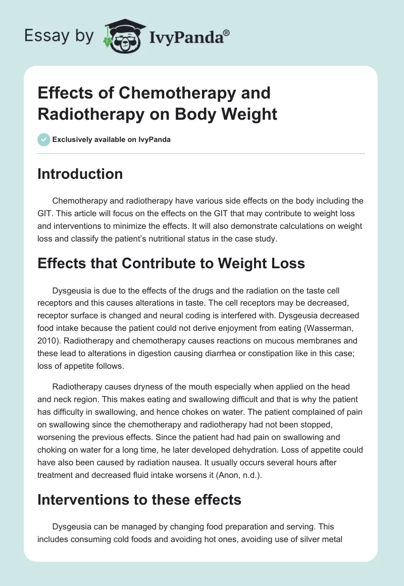 Effects of Chemotherapy and Radiotherapy on Body Weight. Page 1