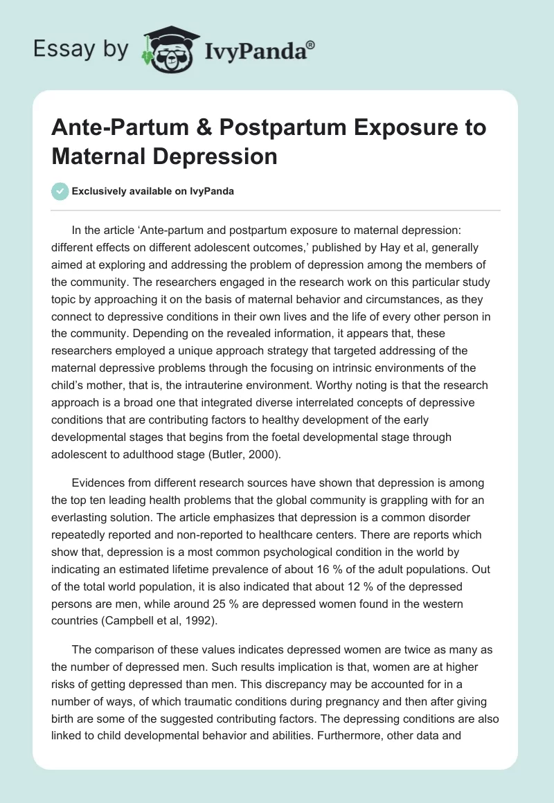 Ante-Partum & Postpartum Exposure to Maternal Depression. Page 1