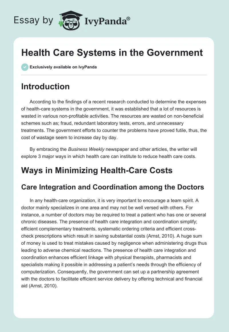 Health Care Systems in the Government. Page 1
