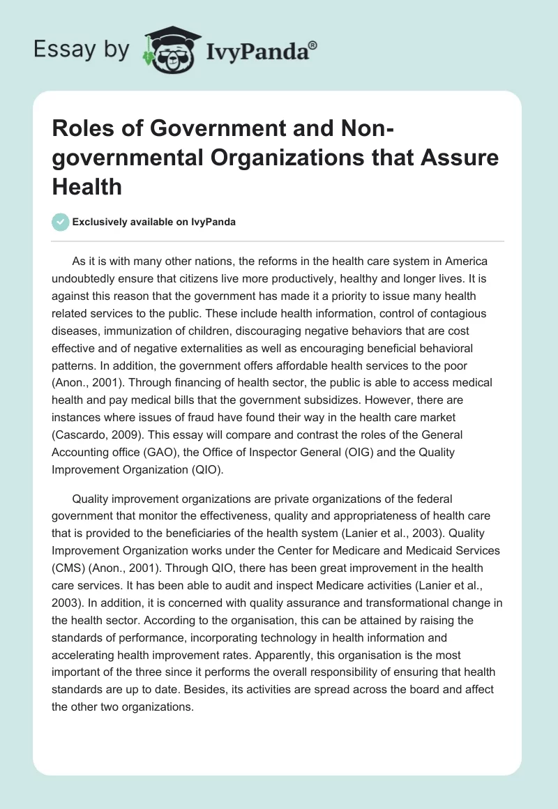Roles of Government and Non-governmental Organizations that Assure Health. Page 1