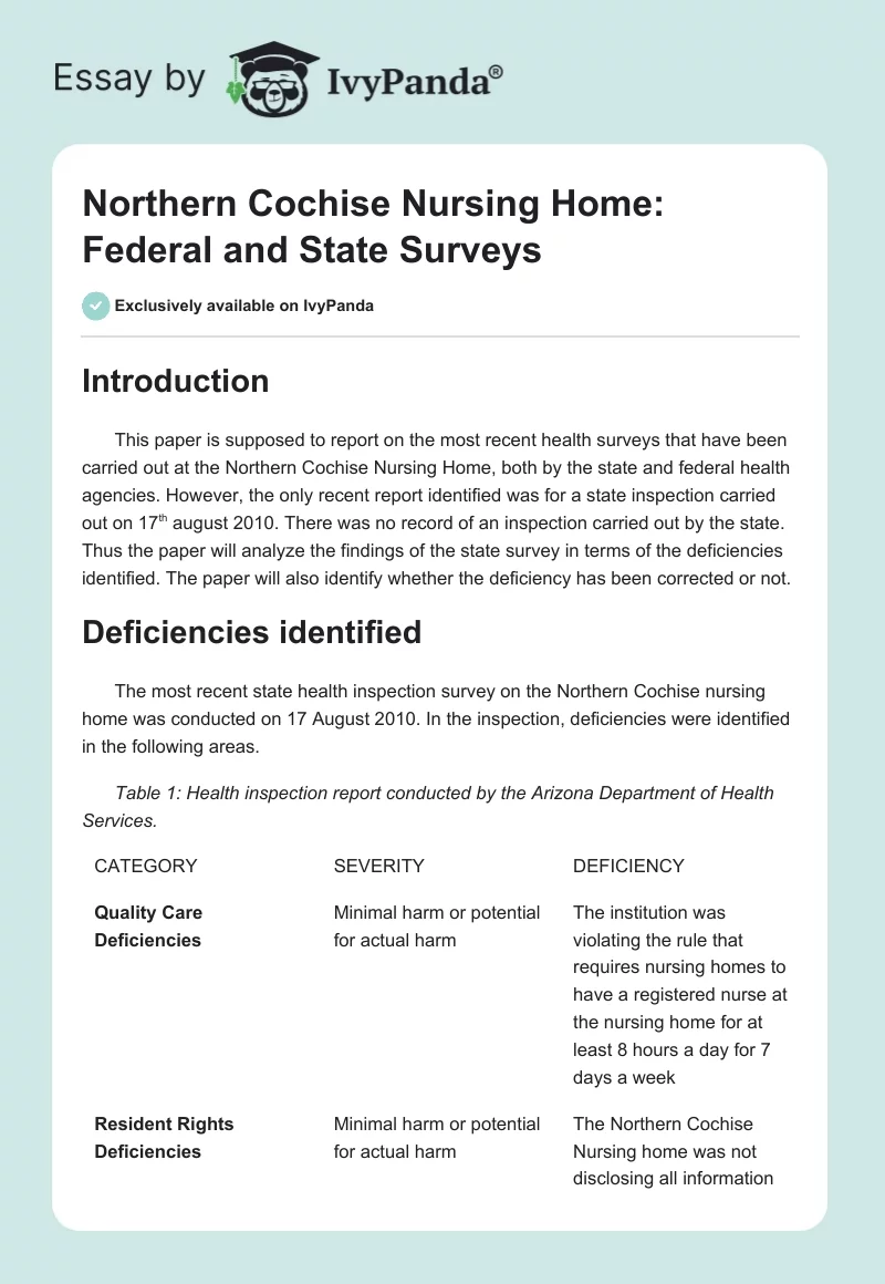 Northern Cochise Nursing Home: Federal and State Surveys. Page 1