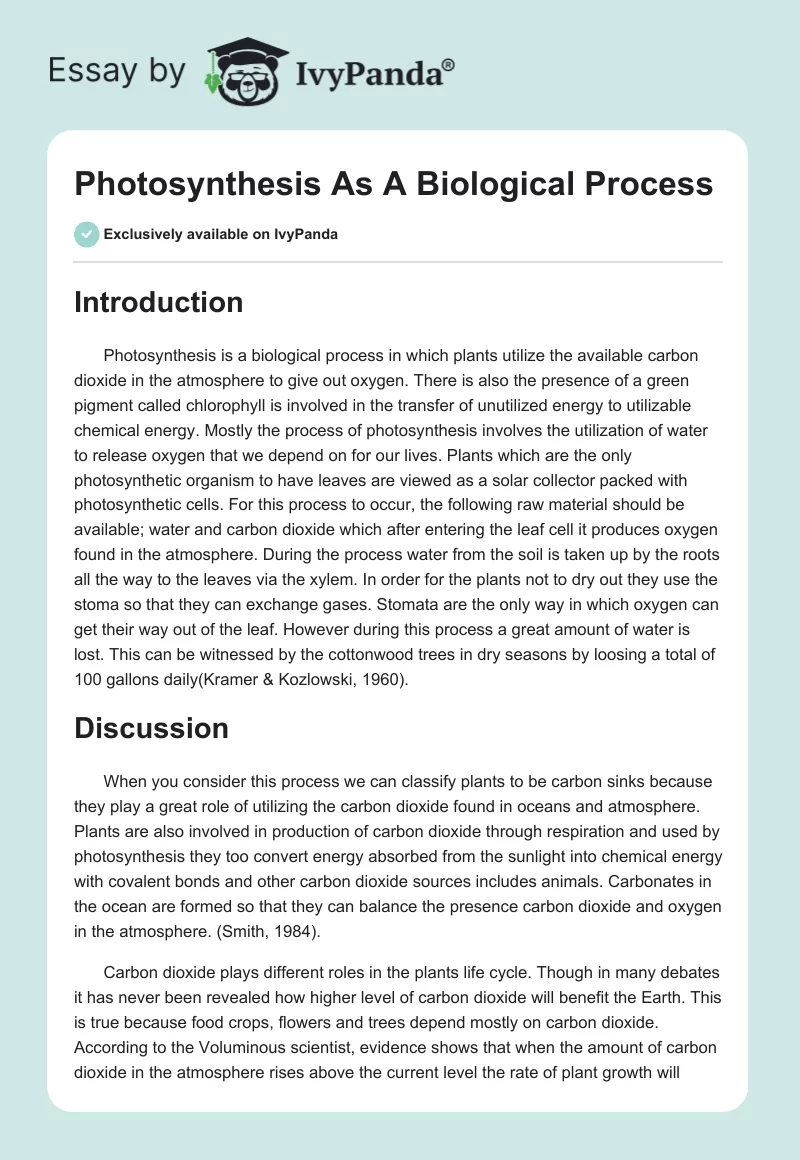 Photosynthesis As A Biological Process. Page 1