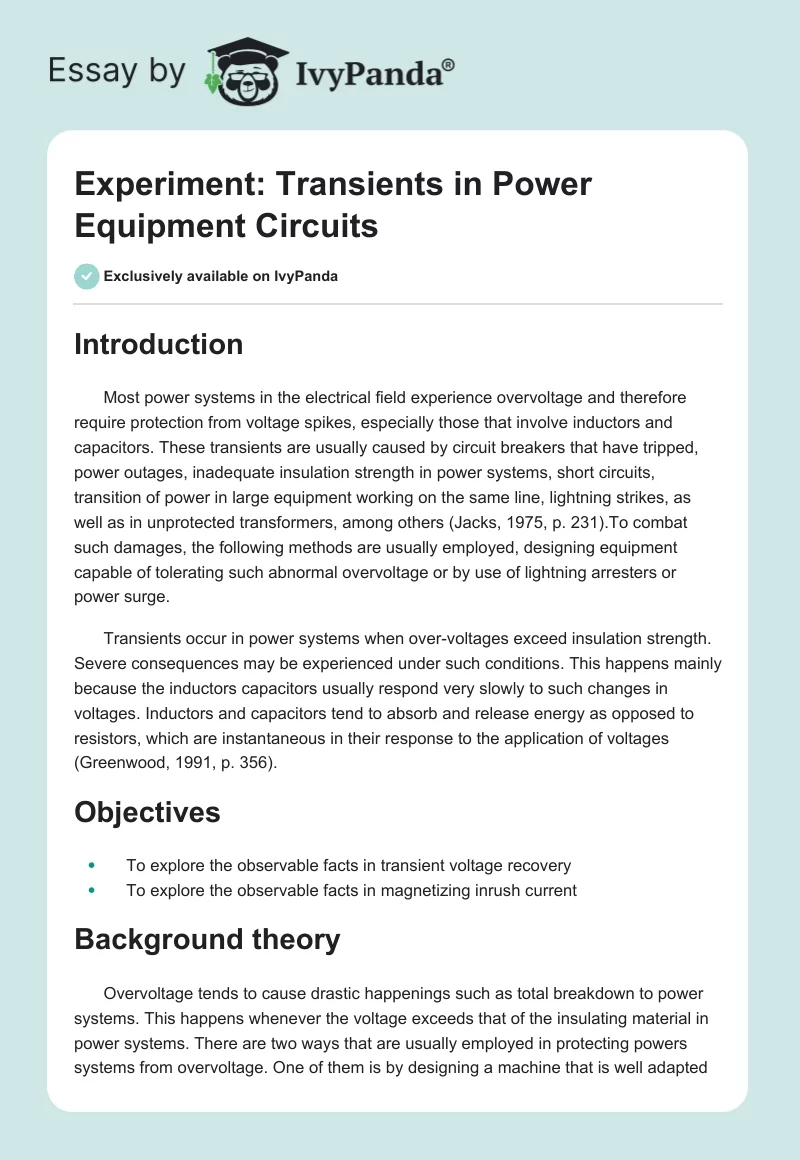 Experiment: Transients in Power Equipment Circuits. Page 1