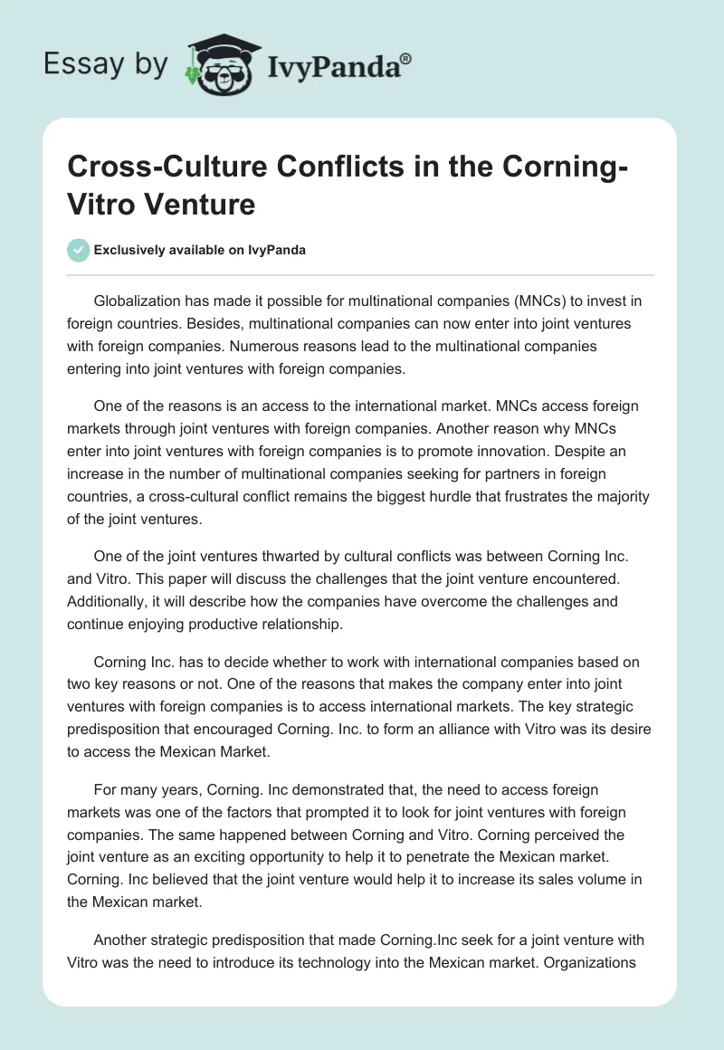 Cross-Culture Conflicts in the Corning-Vitro Venture. Page 1