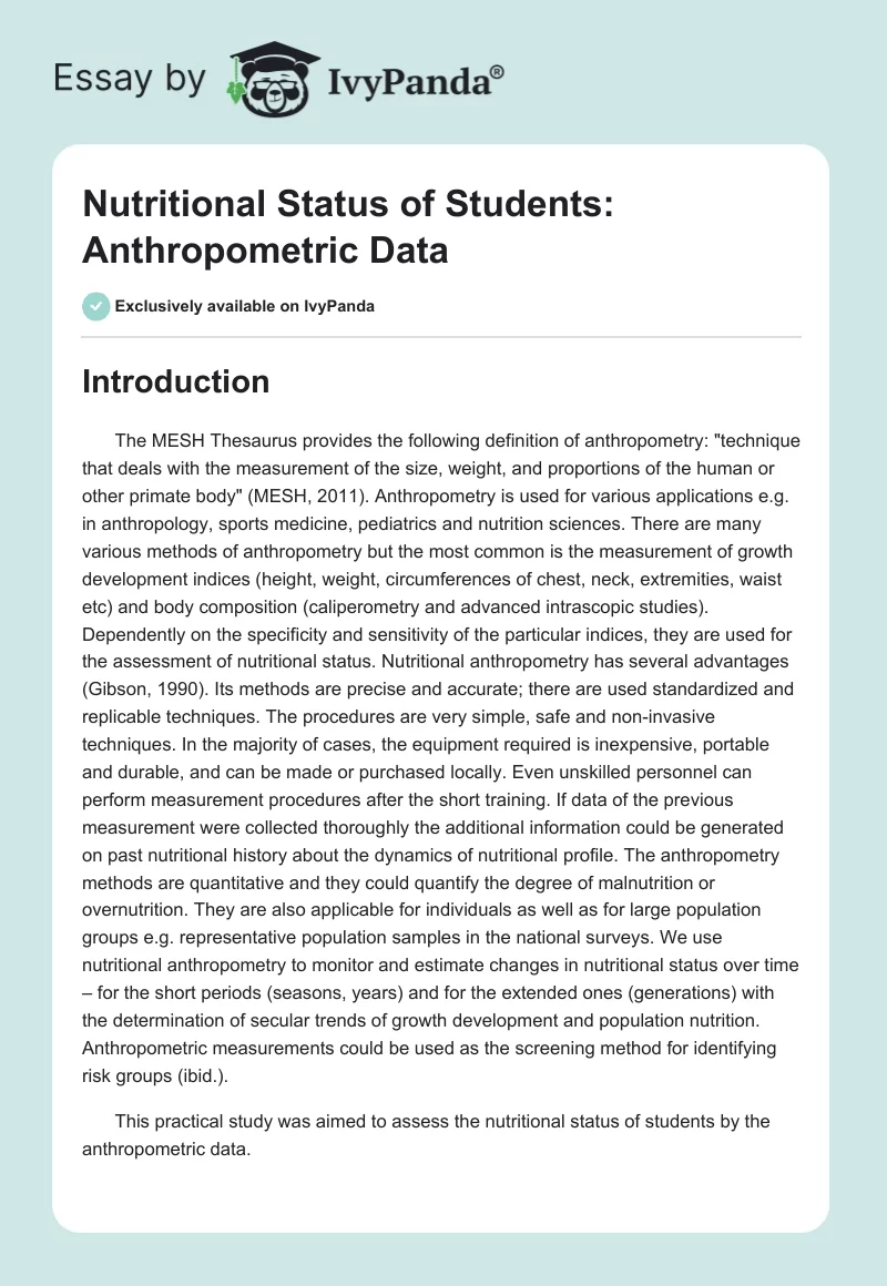 Nutritional Status of Students: Anthropometric Data. Page 1