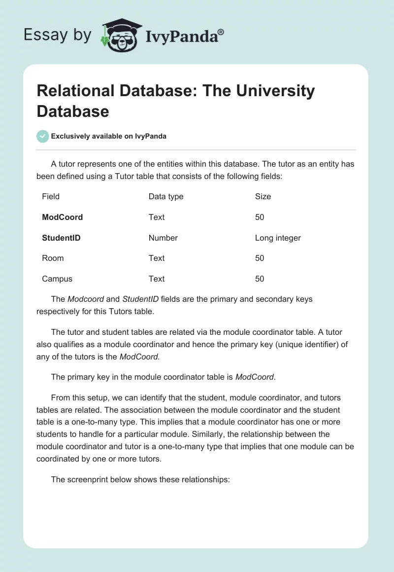 Relational Database: The University Database. Page 1