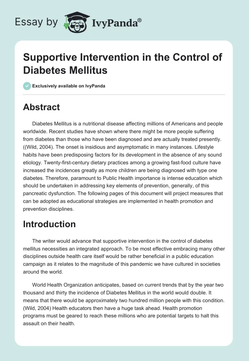 Supportive Intervention in the Control of Diabetes Mellitus. Page 1