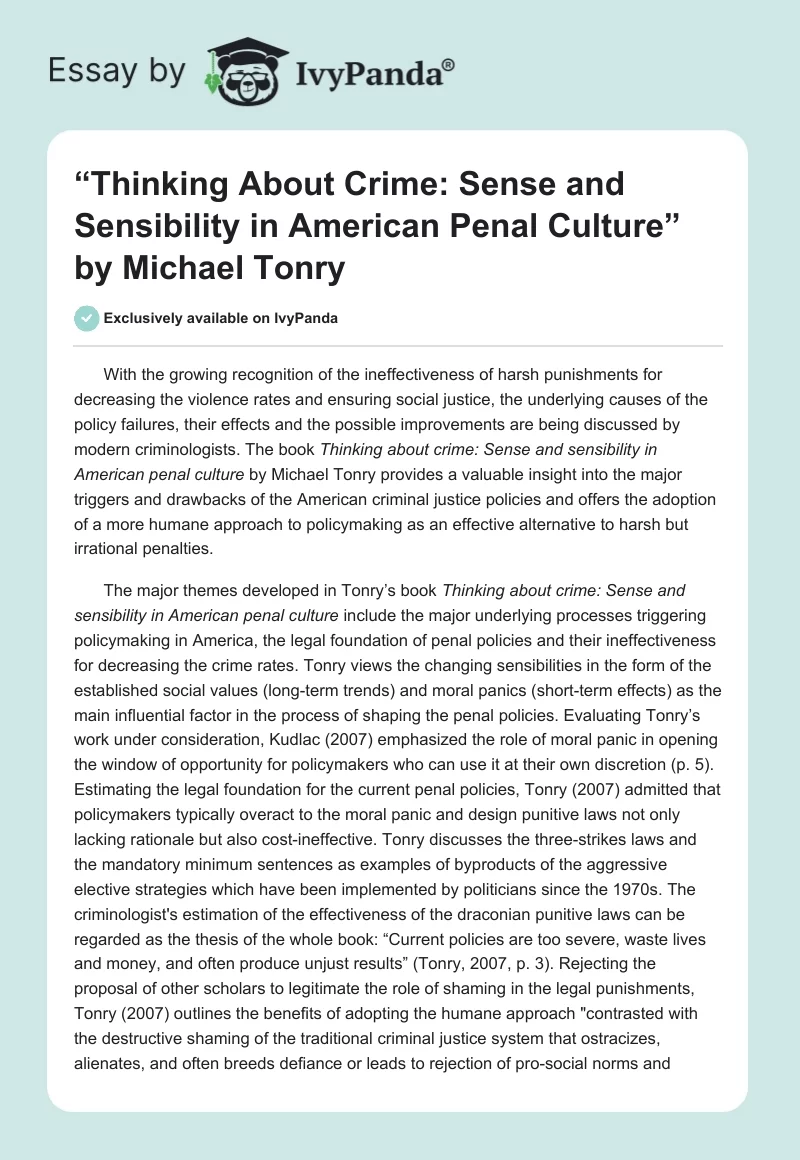 “Thinking About Crime: Sense and Sensibility in American Penal Culture” by Michael Tonry. Page 1