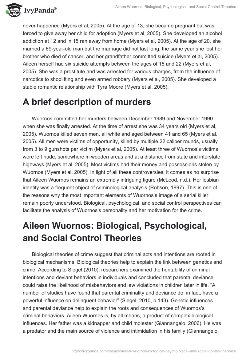 Aileen Wuornos: Biological, Psychological, and Social Control Theories. Page 2