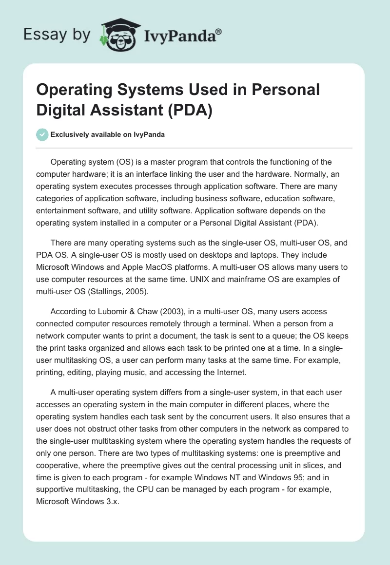 Operating Systems Used in Personal Digital Assistant (PDA). Page 1