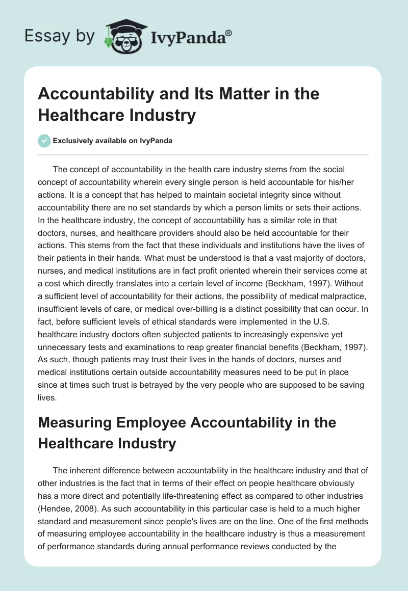 Accountability and Its Matter in the Healthcare Industry. Page 1