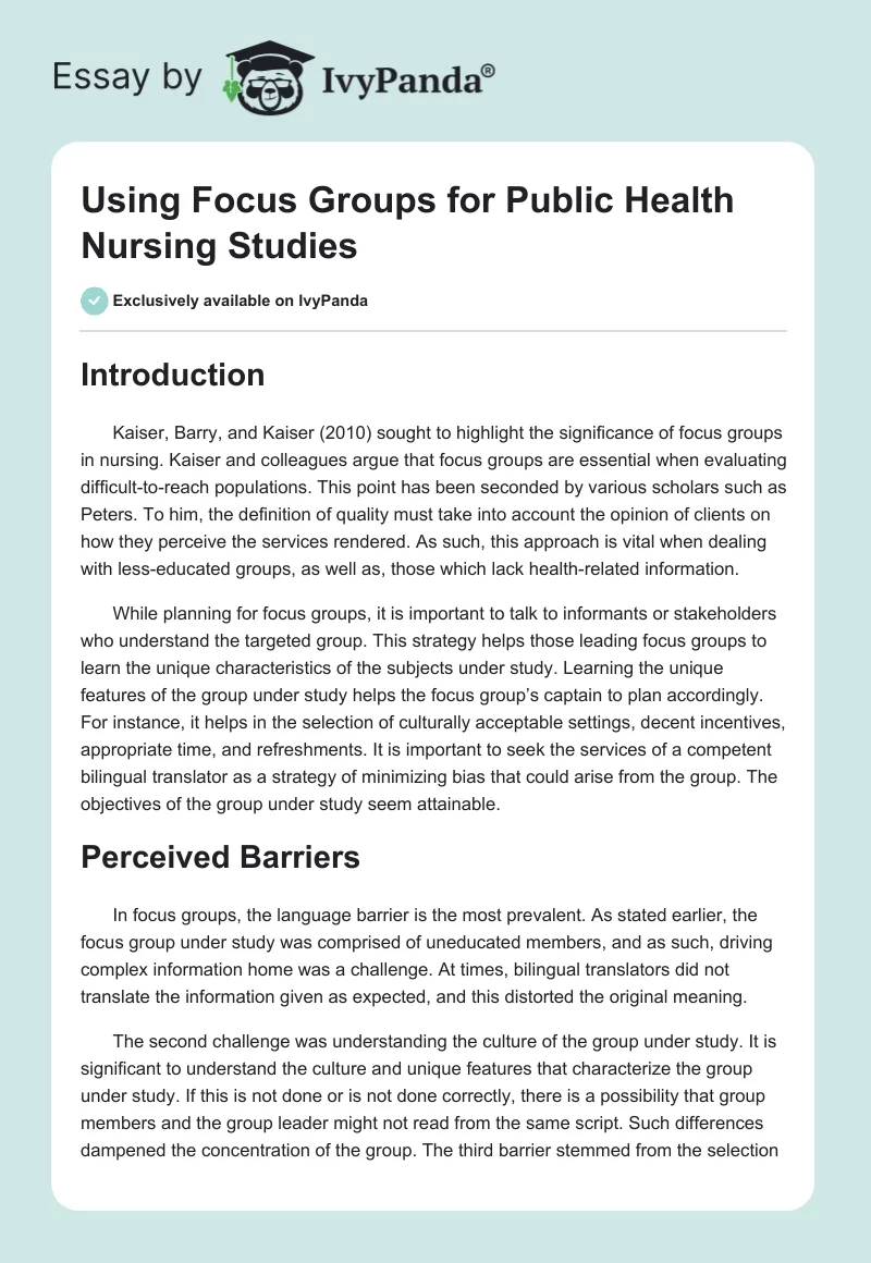 Using Focus Groups for Public Health Nursing Studies. Page 1