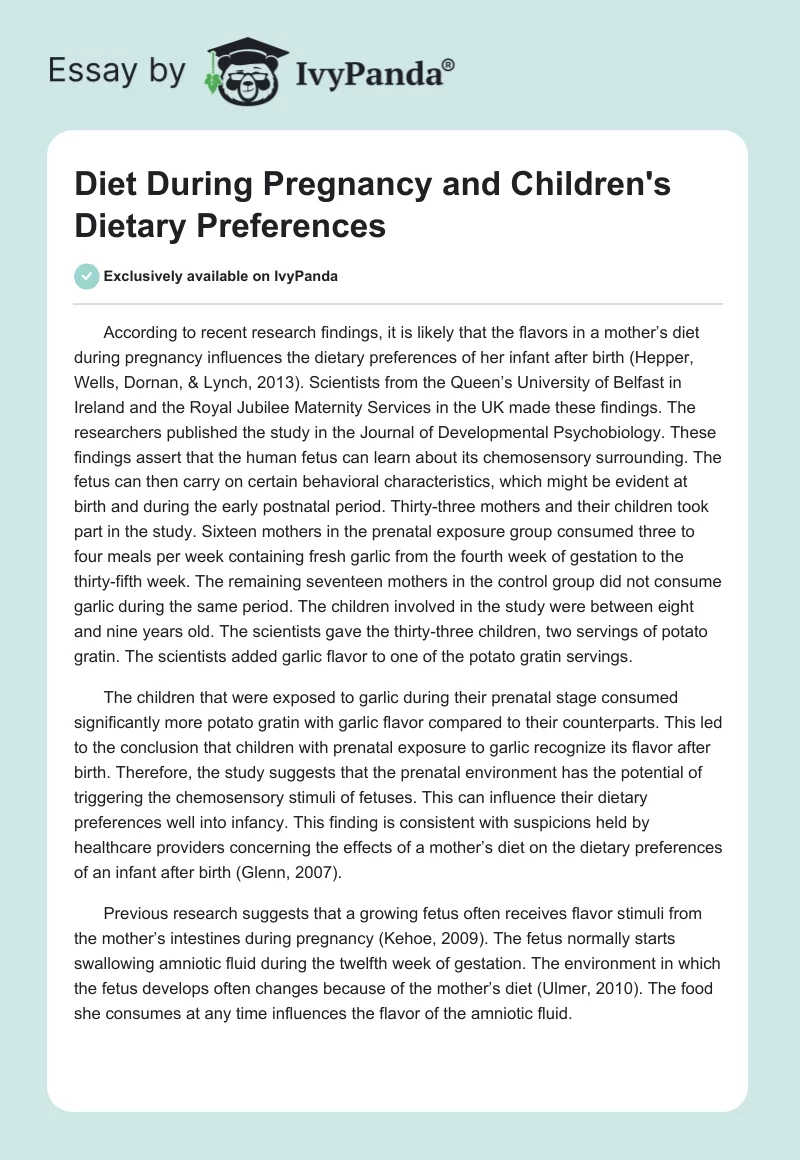 Diet During Pregnancy and Children's Dietary Preferences. Page 1