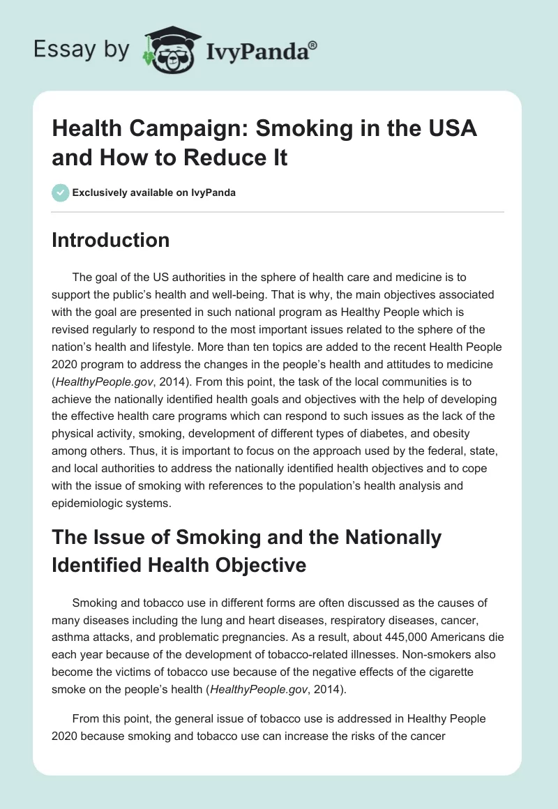 Health Campaign: Smoking in the USA and How to Reduce It. Page 1