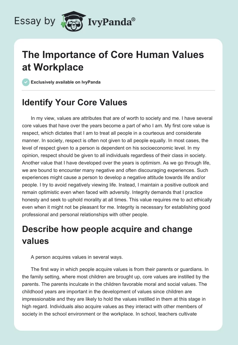 The Importance of Core Human Values at Workplace. Page 1