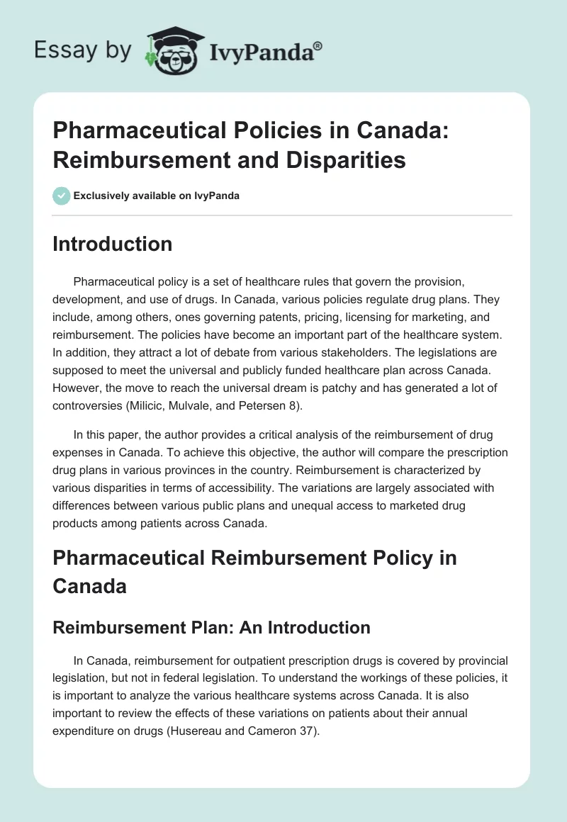 Pharmaceutical Policies in Canada: Reimbursement and Disparities. Page 1