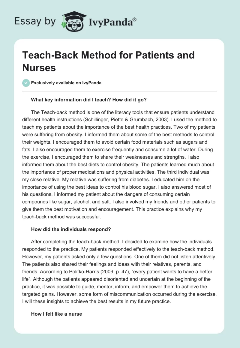 Teach-Back Method for Patients and Nurses. Page 1