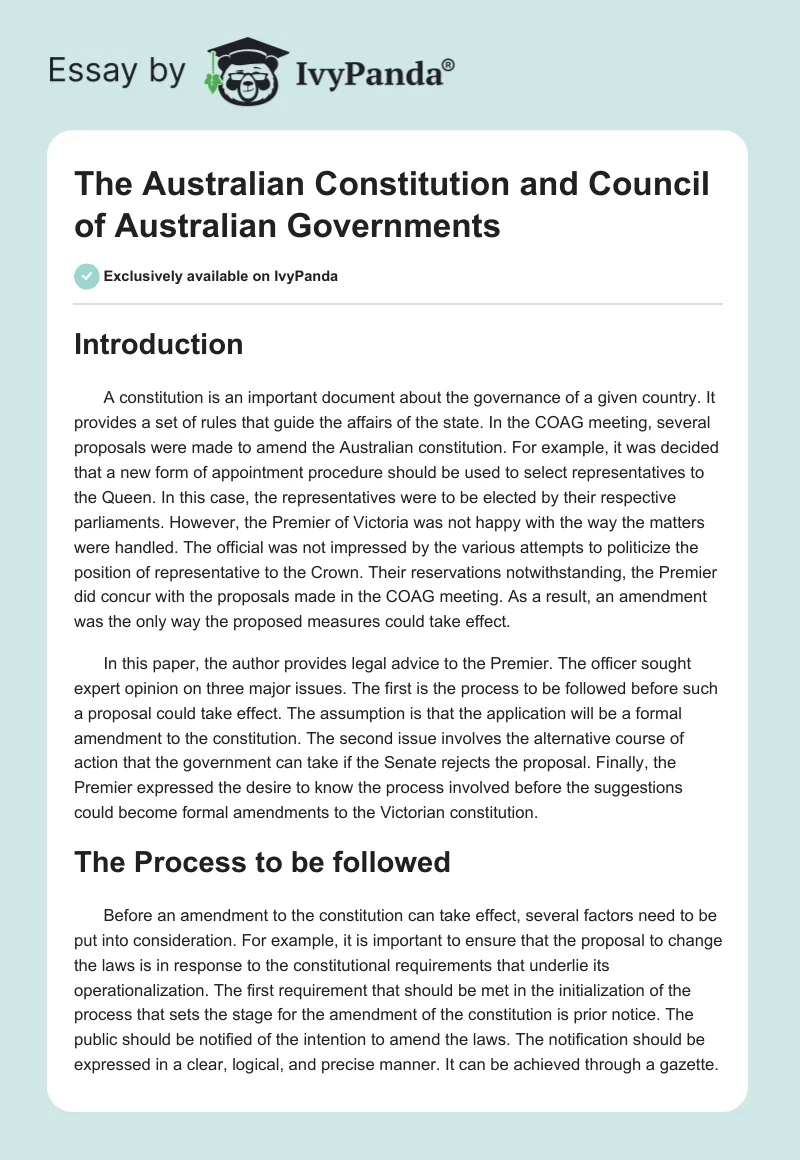 The Australian Constitution and Council of Australian Governments. Page 1