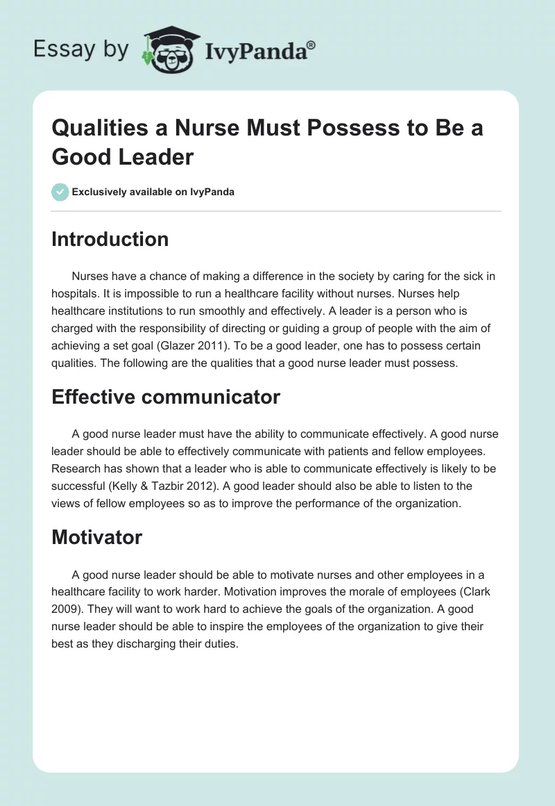 Qualities a Nurse Must Possess to Be a Good Leader. Page 1