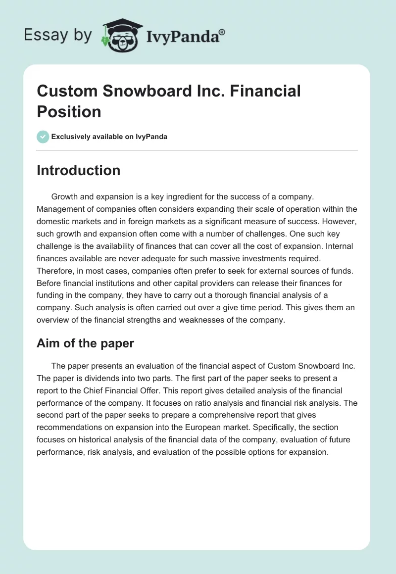 Custom Snowboard Inc. Financial Position. Page 1