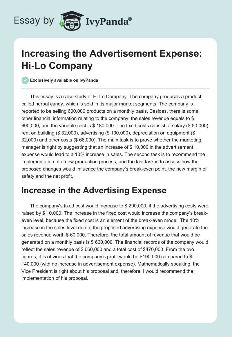 Increasing the Advertisement Expense: Hi-Lo Company. Page 1
