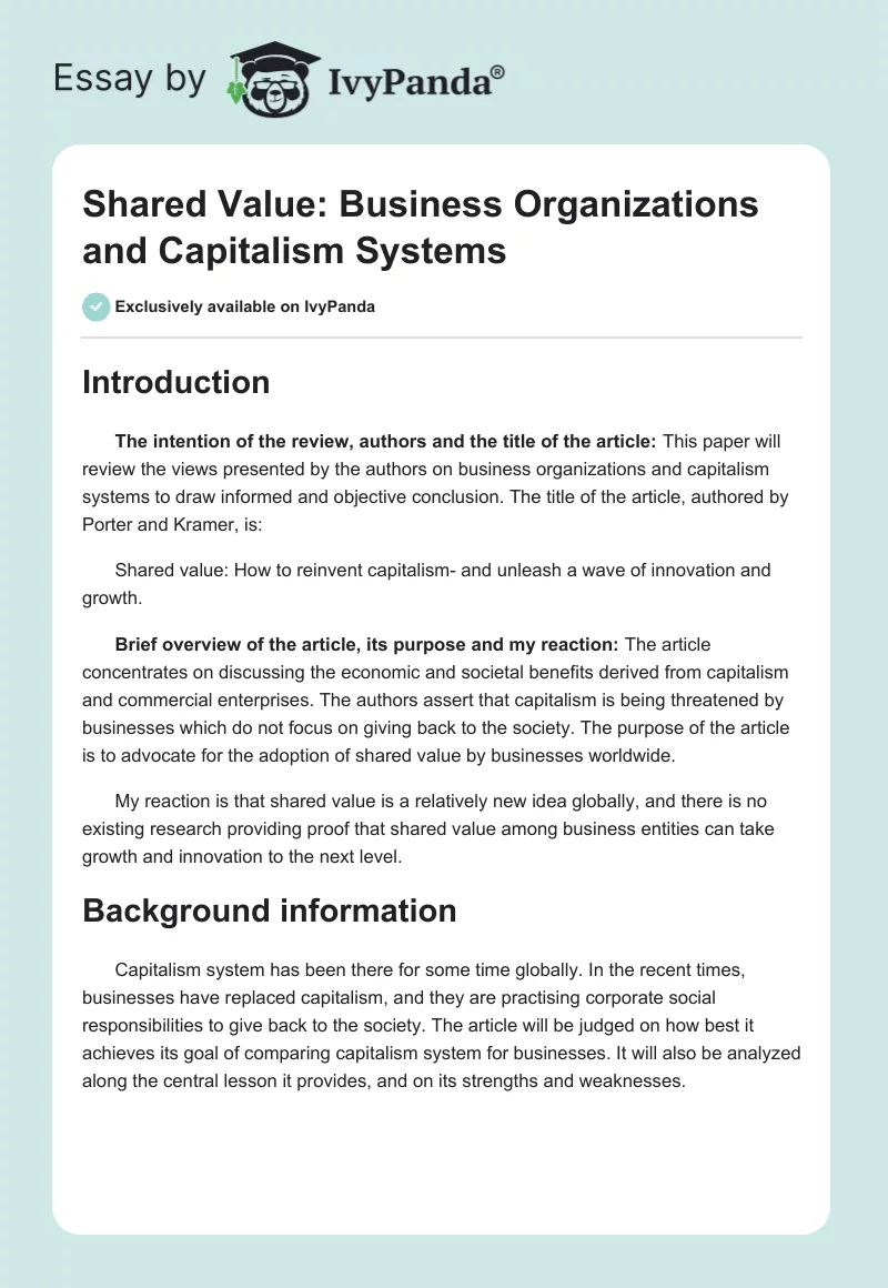 Shared Value: Business Organizations and Capitalism Systems. Page 1