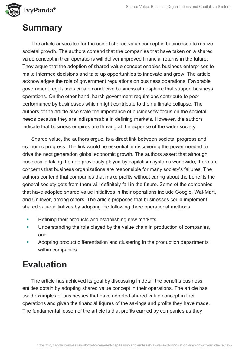 Shared Value: Business Organizations and Capitalism Systems. Page 2