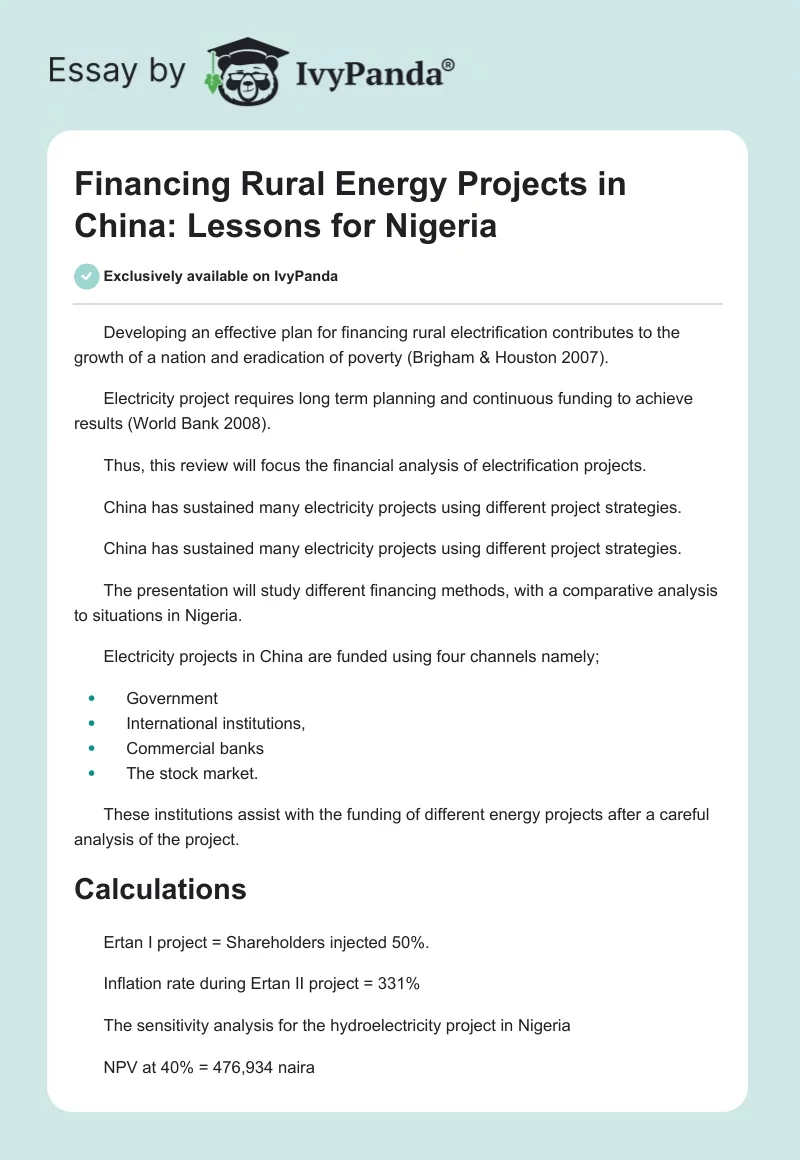 Financing Rural Energy Projects in China: Lessons for Nigeria. Page 1