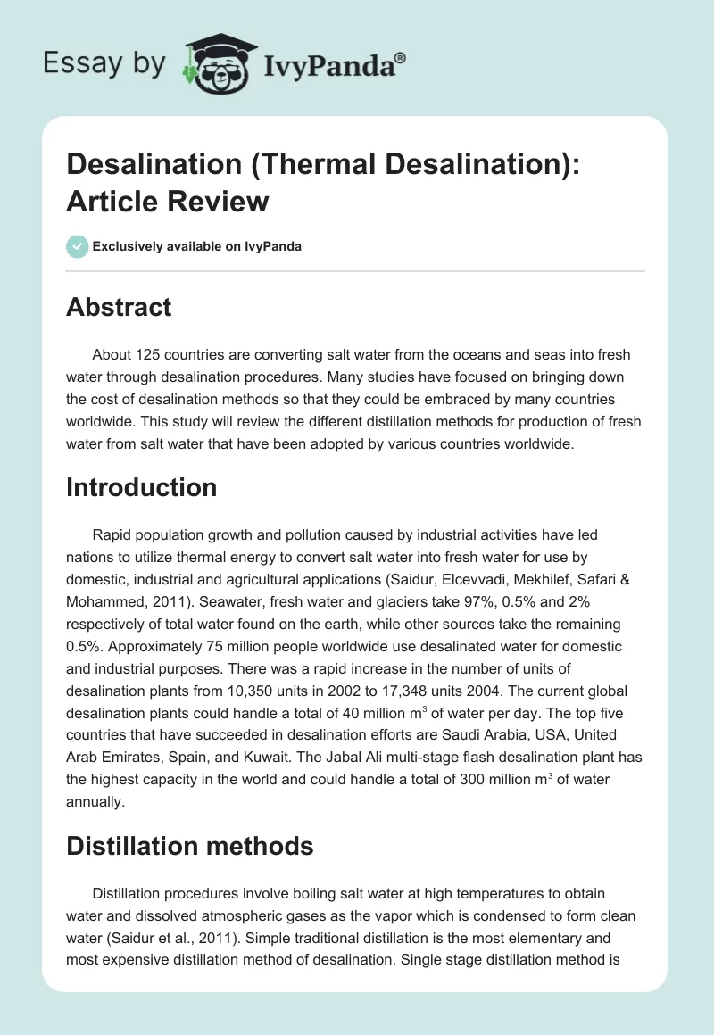 Desalination (Thermal Desalination): Article Review. Page 1