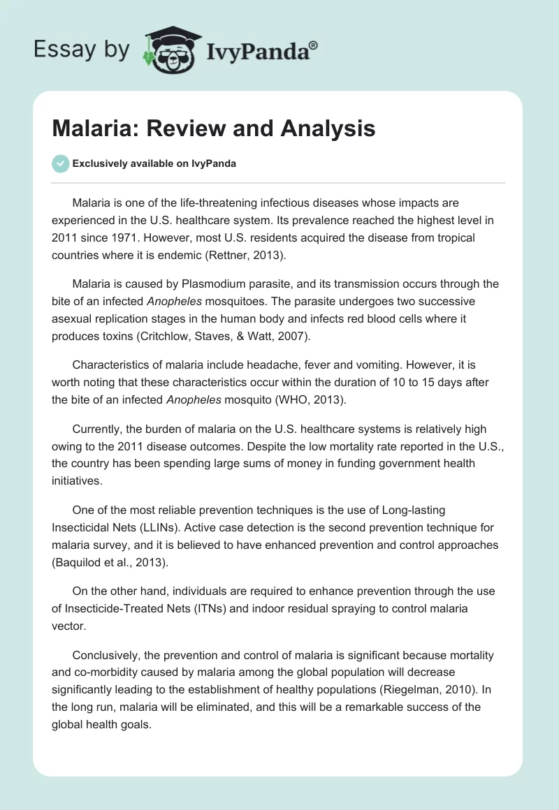 Malaria: Review and Analysis. Page 1