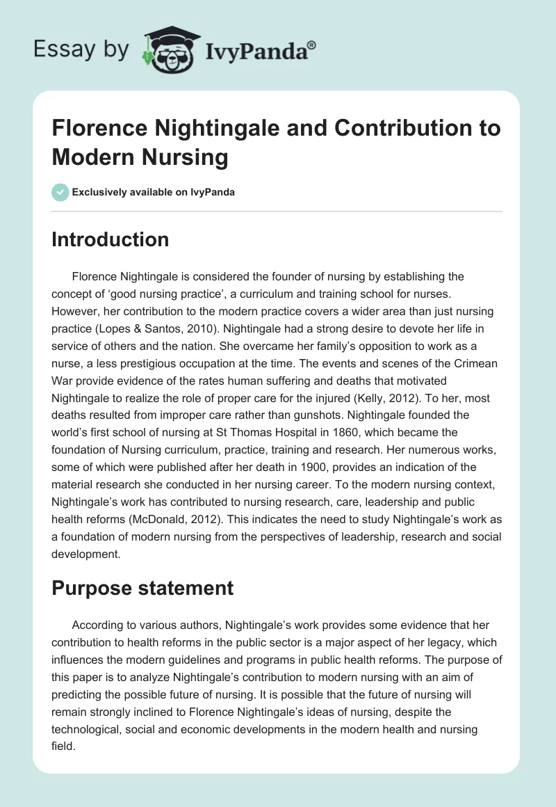 Florence Nightingale and Contribution to Modern Nursing. Page 1