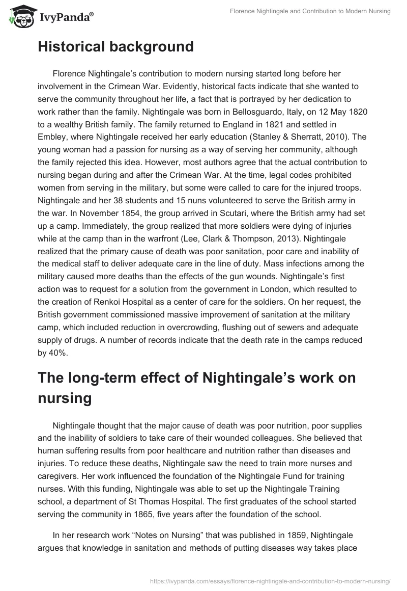 Florence Nightingale and Contribution to Modern Nursing. Page 2