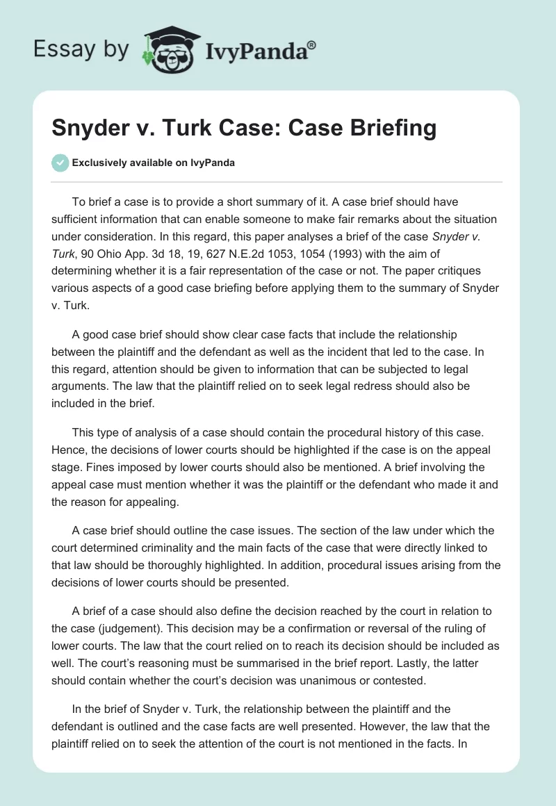 Snyder v. Turk Case: Case Briefing. Page 1