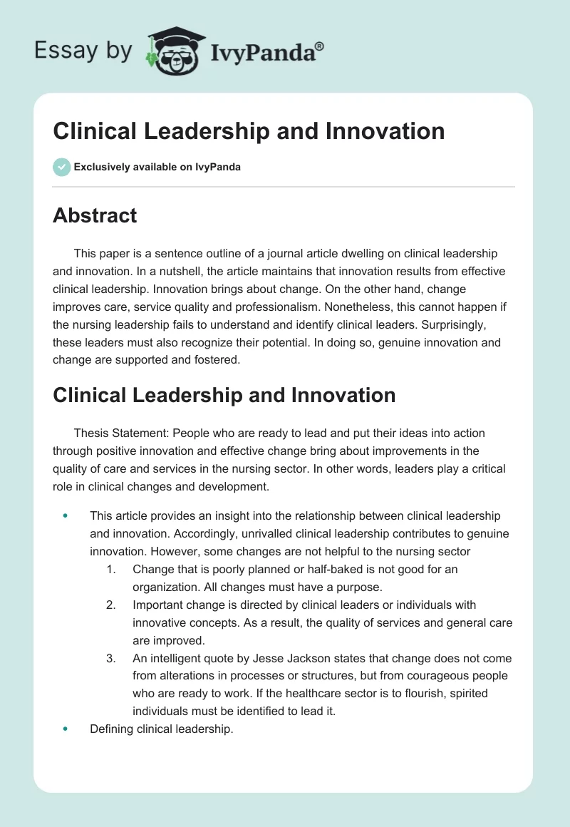 Clinical Leadership and Innovation. Page 1