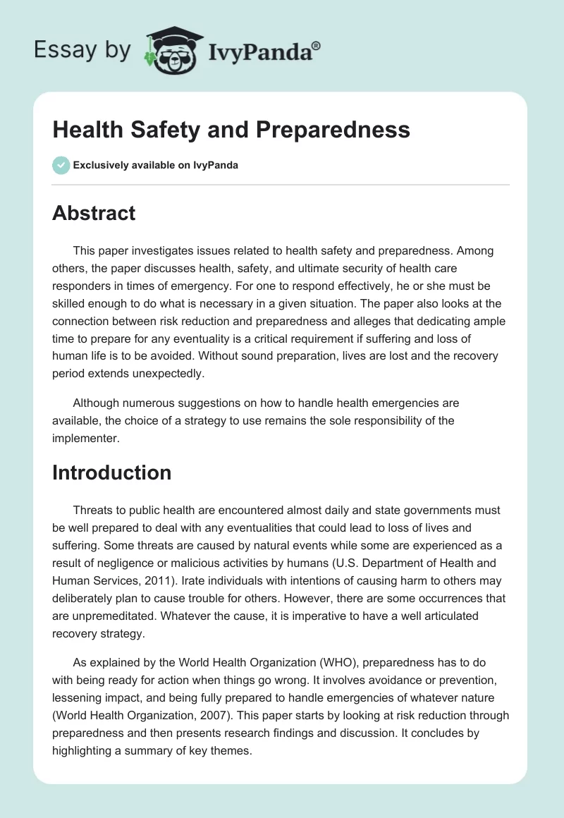Health Safety and Preparedness. Page 1