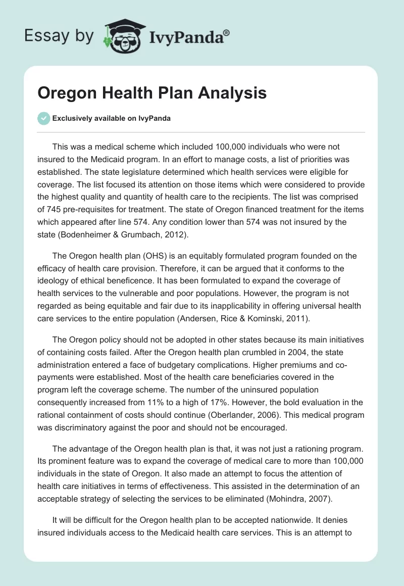 Oregon Health Plan Analysis. Page 1