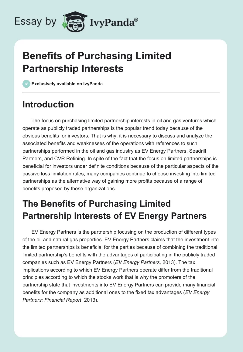 Benefits of Purchasing Limited Partnership Interests. Page 1