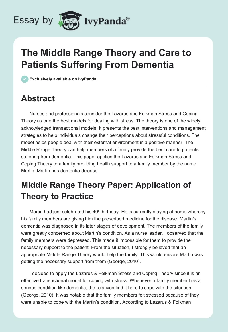 The Middle Range Theory and Care to Patients Suffering From Dementia. Page 1