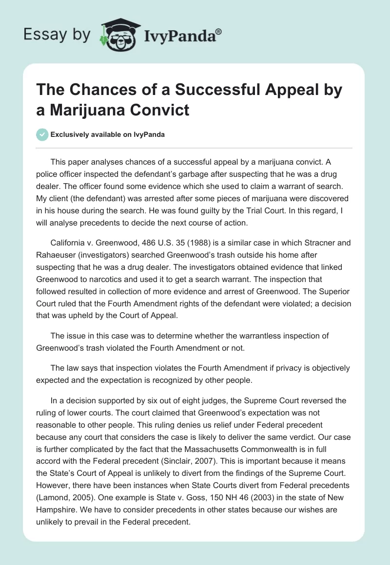The Chances of a Successful Appeal by a Marijuana Convict. Page 1