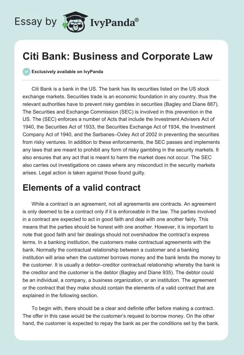 Citi Bank: Business and Corporate Law. Page 1