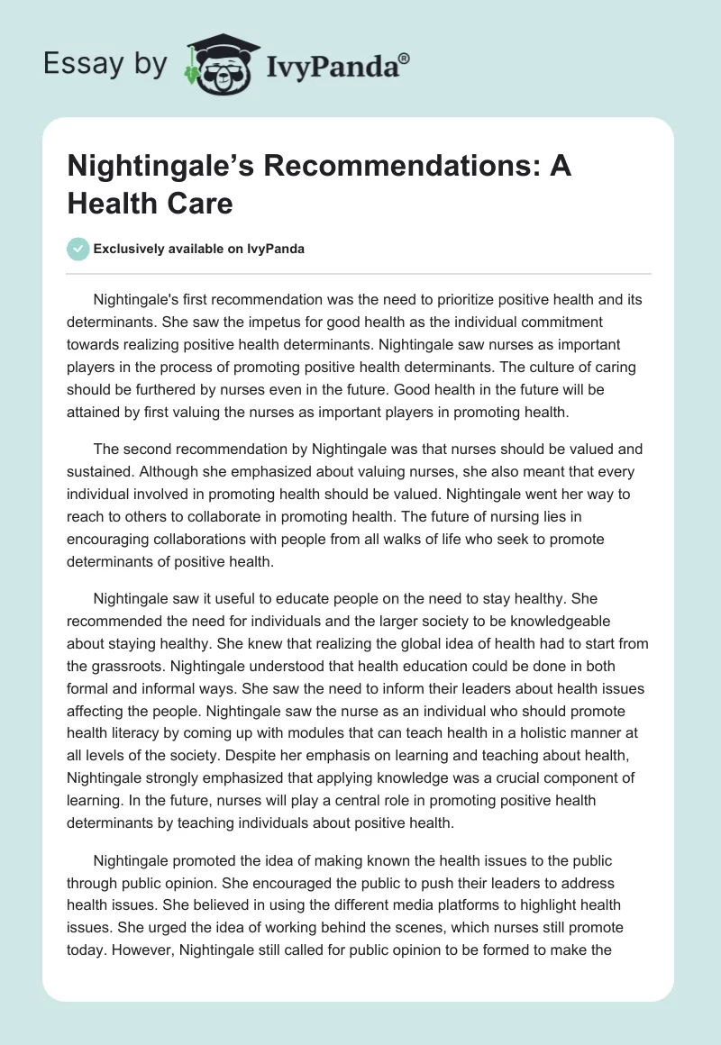 Nightingale’s Recommendations: A Health Care. Page 1