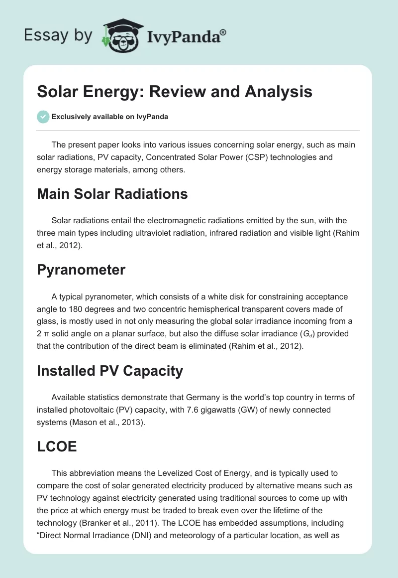 Solar Energy: Review and Analysis. Page 1