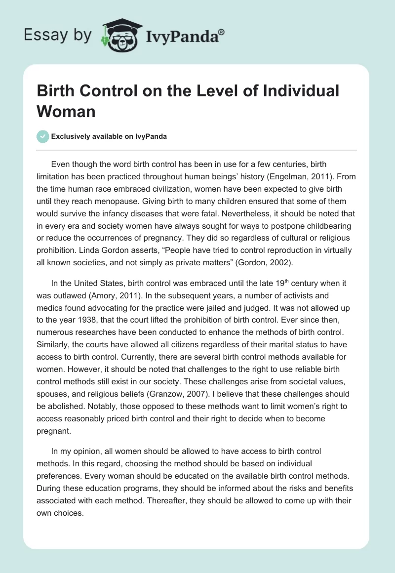 Birth Control on the Level of Individual Woman. Page 1