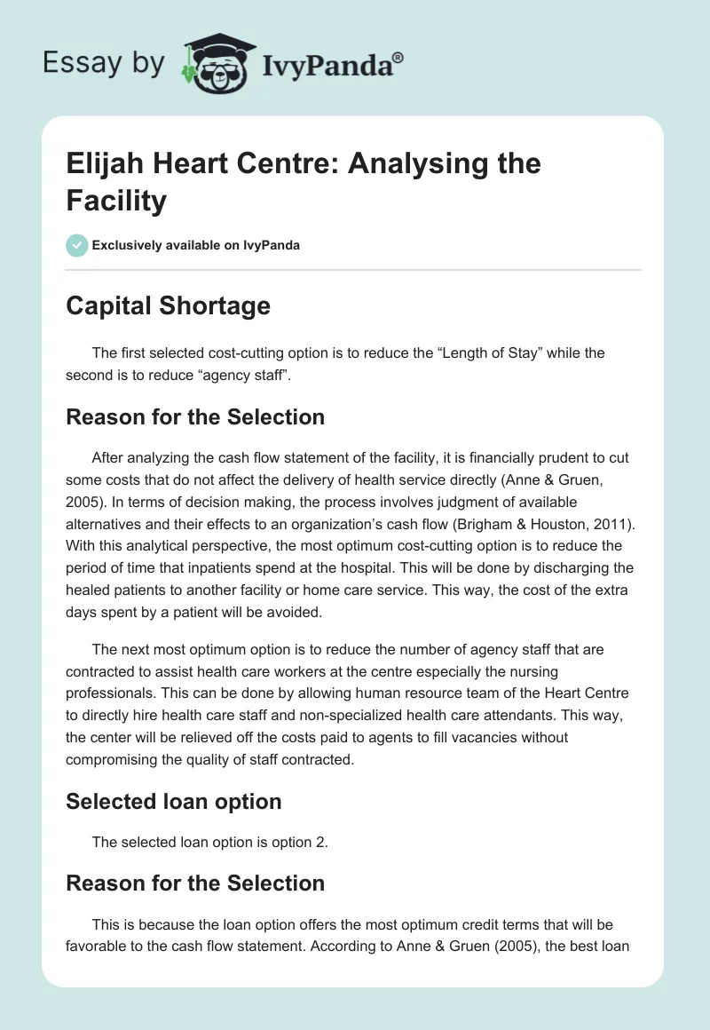 Elijah Heart Centre: Analysing the Facility. Page 1