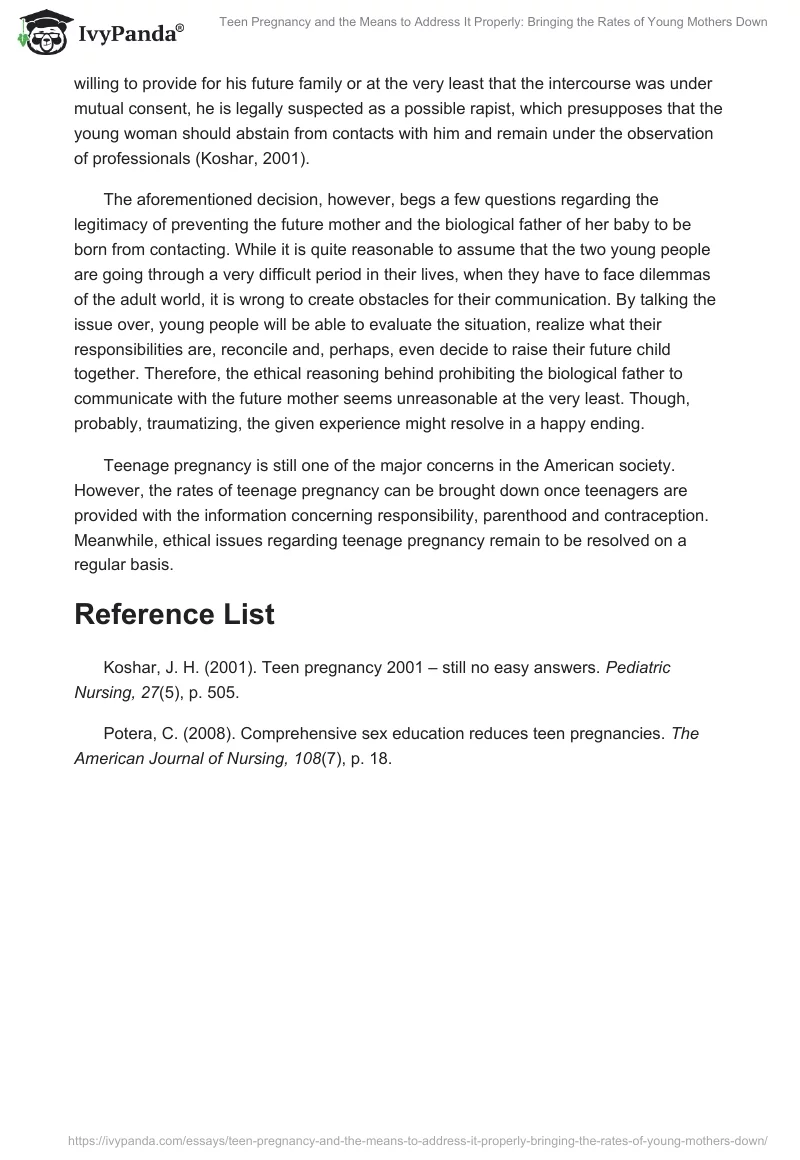 Teen Pregnancy and the Means to Address It Properly: Bringing the Rates of Young Mothers Down. Page 2