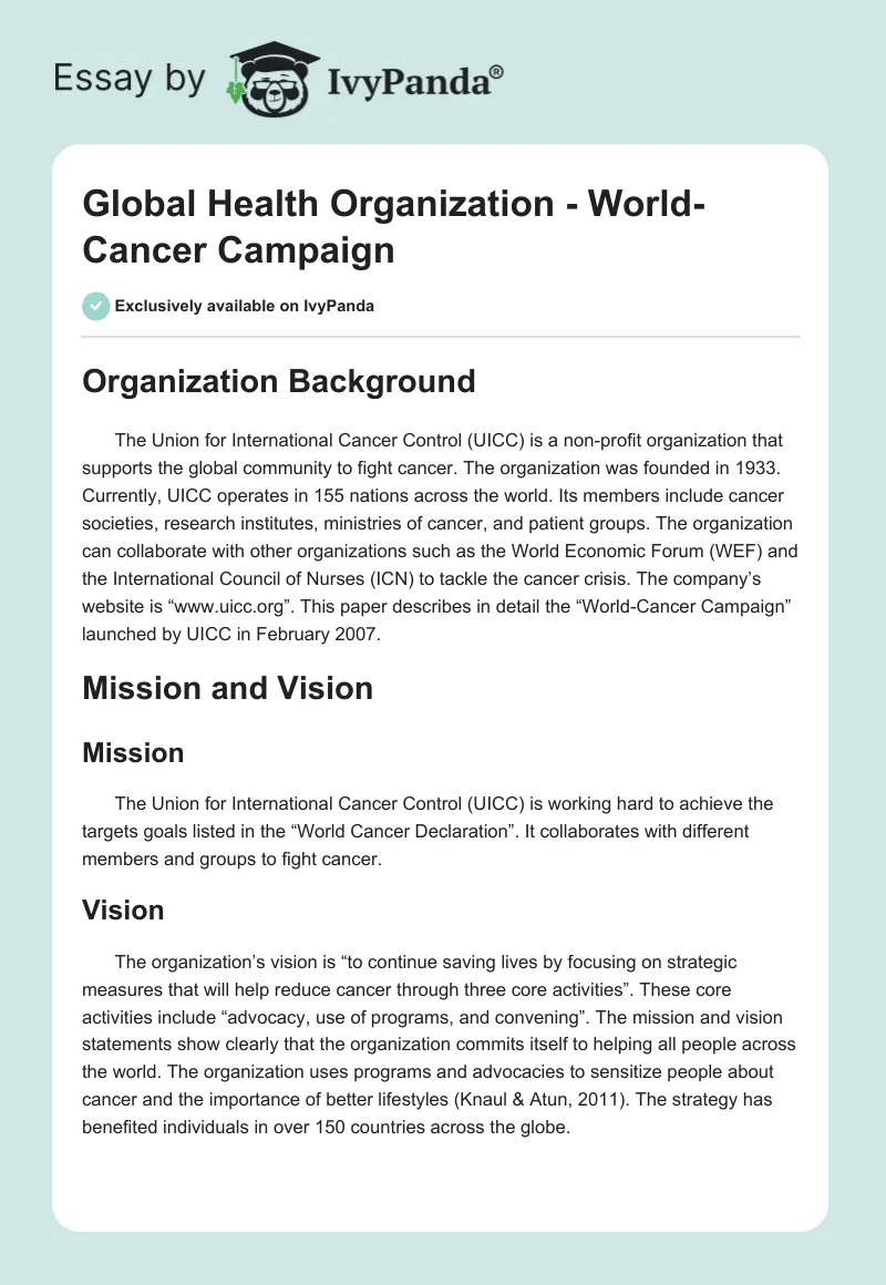 Global Health Organization - World-Cancer Campaign. Page 1