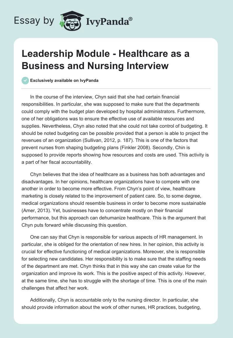 Leadership Module - Healthcare as a Business and Nursing Interview. Page 1